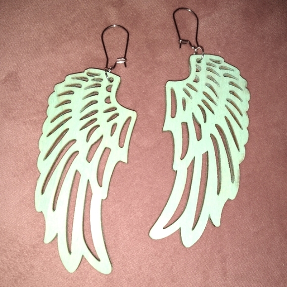 4" Hand Painted Turquoise Wood Wing Steel Earrings Angel Bird Wings Ombre New - Picture 1 of 7
